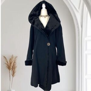 Vintage Black Wool Cashmere Blend Hooded Faux Fur Oversized Cape Coat 14 / L